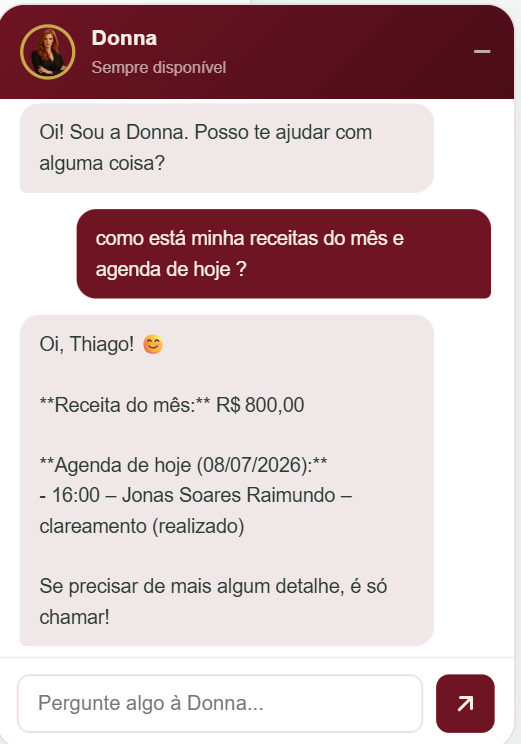 Chat da Donna respondendo a receita do mês e a agenda do dia