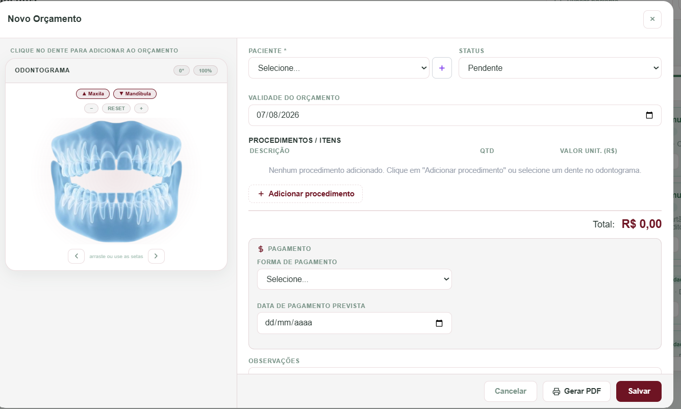 Tela de orçamento da Donna com odontograma clicável, procedimentos e forma de pagamento