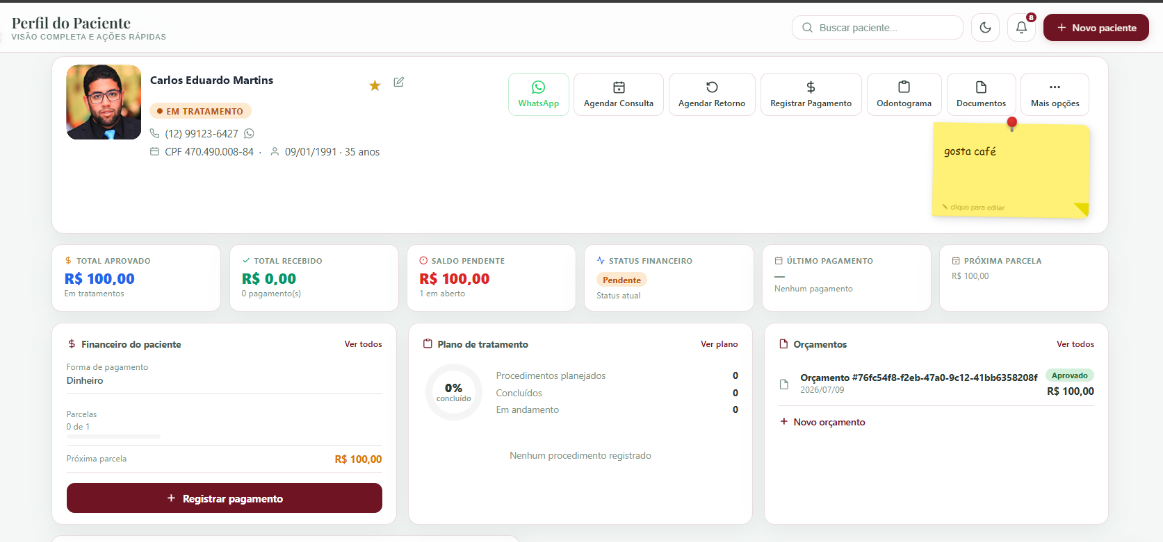 Perfil do paciente na Donna com histórico, financeiro e plano de tratamento